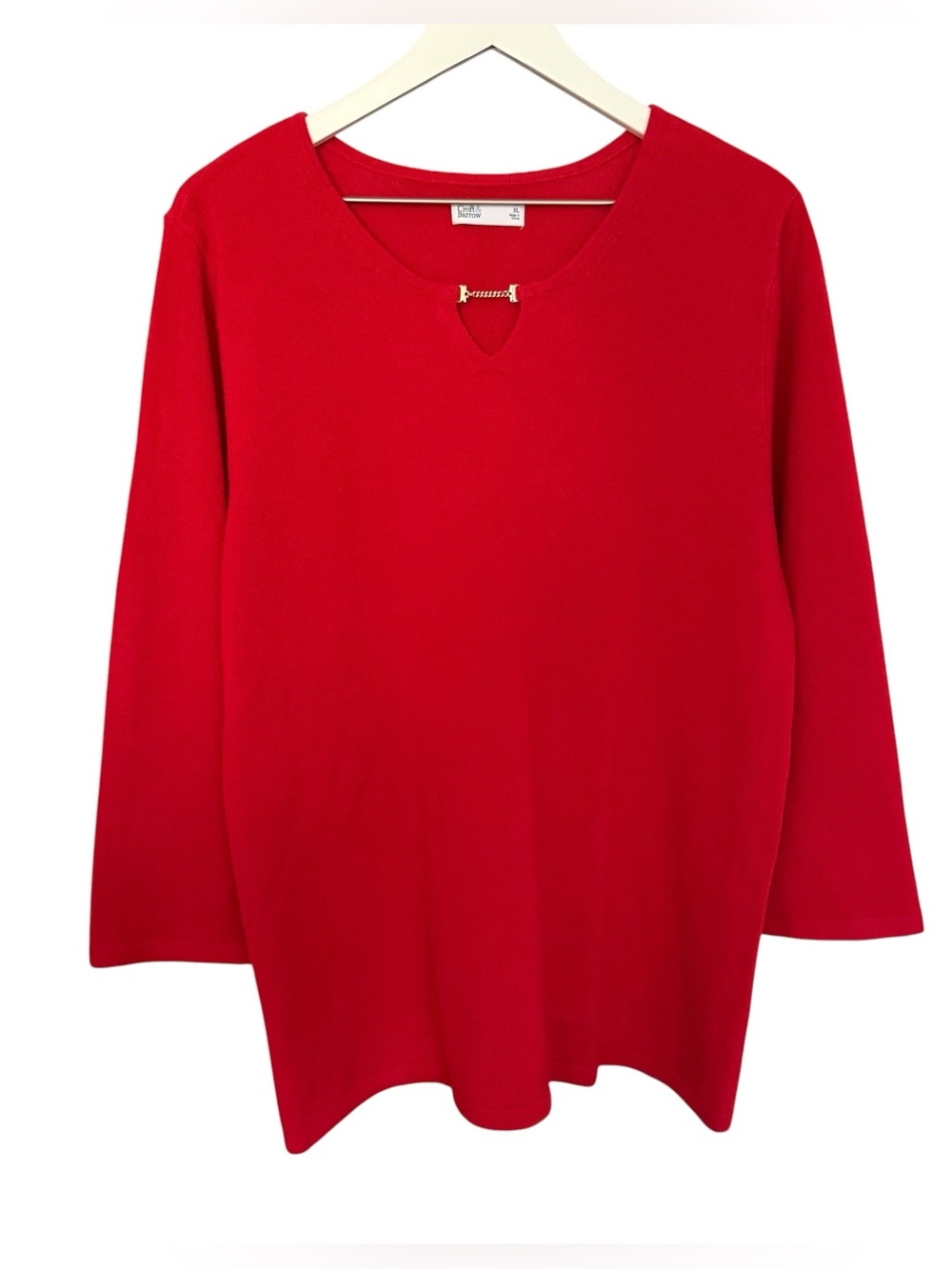 NWT Croft & Barrow Red 3/4 Sleeve V-Neck Keyhole Sweater Gold Accent Size XL